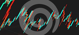 Stock market exchange candlestick chart graph closeup, macro, Day trading concept. candle sticks on screen up close, tech analysis