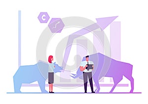 Stock Market Exchange Concept. Businessman and Businesswoman near Huge Data Chart with Bull and Bear Silhouettes