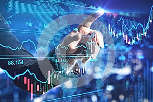 Stock market exchange concept with digital board with financial indicators of stock growth changes and businessman hand behind