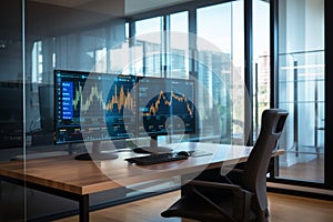 Stock market exchange concept in an empty traders office with glass walls