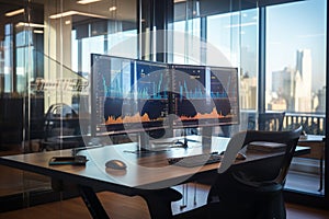 Stock market exchange concept in an empty traders office with glass walls