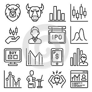 Stock Market, Exchange and Finance Trading Icons Set. Vector