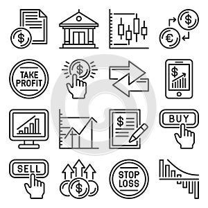 Stock Market, Exchange and Finance Trading Icons Set. Vector