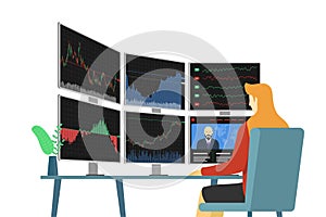 Stock market female trader at workplace looking at multiple computer screens with financial charts, diagrams and graphs