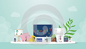 Stock market finance concept trading with people businessman and graph chart on computer screen with modern flat style