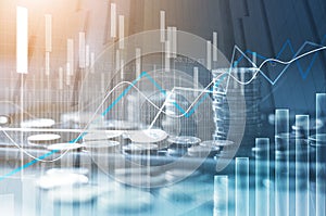 Stock market financial graph and rows of coins growth, abstract and symbol for finance concept, business investment and currency