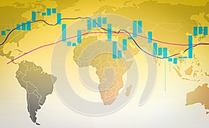 Stock market or forex trading graph and candlestick chart on world map photo