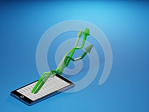 Stock market gains using a mobile device. Green arrows rising from a smartphone. Concept background digital 3D render.