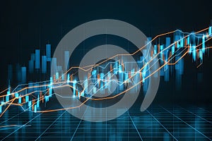 Stock market graph with blue and orange lines showing fluctuations, on futuristic dark background grid photo