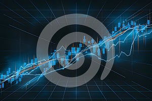 Stock market graph with blue and orange lines showing fluctuations, on futuristic dark background grid photo