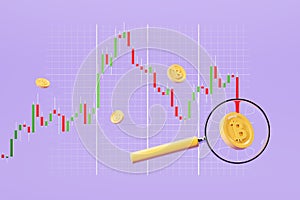 Stock market graph chart with candlesticks, bitcoins and magnifying glass