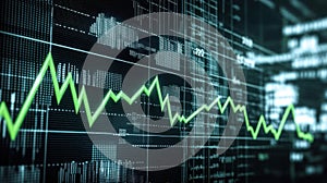 Green stock market graph on digital screen displays financial data and economic trend