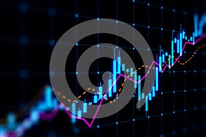 Stock market growth, business investing and data concept with digital financial chart graphs, diagrams and indicators on dark blue