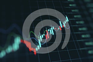 Stock market growth concept with digital financial chart candlestick on trader monitor screen background.