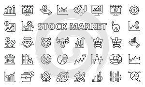 Stock market icons in line design. Business, stock exchange, analysis, investment, bull, bear, candlestick, financial