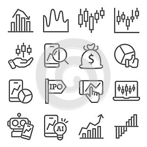 Stock Market icons set vector illustration. Contains such icon as Candle Graph, AI, IPO, Investment and more. Expanded Stroke