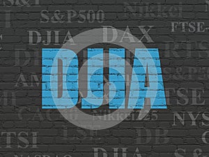 Stock market indexes concept: DJIA on wall background