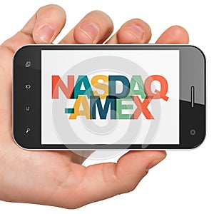 Stock market indexes concept: Hand Holding Smartphone with NASDAQ-AMEX on display photo