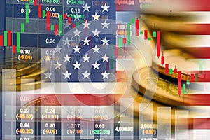 Stock market investment trading financial, coin and America flag or Forex for analyze profit finance business trend data