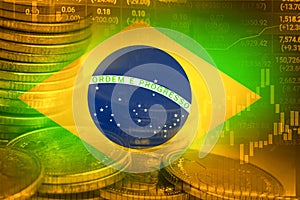 Stock market investment trading financial, coin and Brazil flag , finance business trend data background