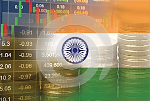 Stock market investment trading financial, coin and India flag or Forex for analyze profit finance business trend data background