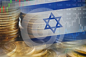 Stock market investment trading financial, coin and Israel flag or Forex for analyze profit finance business trend data background