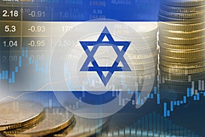 Stock market investment trading financial, coin and Israel flag or Forex for analyze profit finance business trend data background