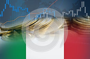 Stock market investment trading financial, coin and Italy flag in Europe or Forex for analyze profit finance business trend data