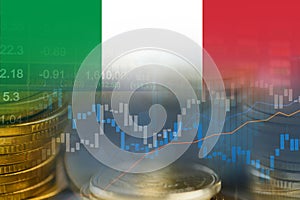 Stock market investment trading financial, coin and Italy flag or Forex for analyze profit finance business trend data background