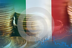 Stock market investment trading financial, coin and Italy flag or Forex for analyze profit finance business trend data background