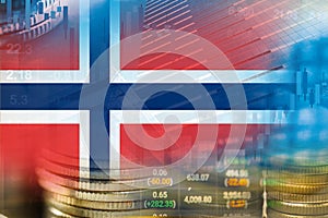 Stock market investment trading financial, coin and Norway flag or Forex for analyze profit finance business trend data background