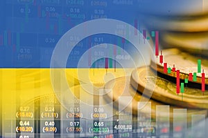 Stock market investment trading financial, coin and Ukraine flag or Forex for analyze profit finance business trend data