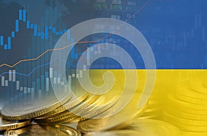 Stock market investment trading financial, coin and Ukraine flag or Forex for analyze profit finance business trend data photo