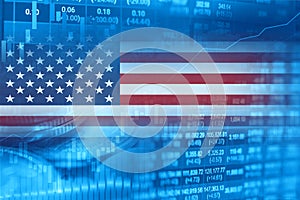 Stock market investment trading financial, coin and USA America flag or Forex for analyze profit finance business trend data