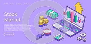 Stock market isometric landing page. Charts and Diagrams. Financial trade concept. Business and finance marketing plan for target