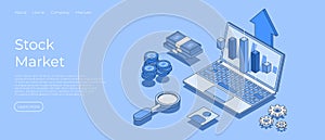 Stock market isometric scene. 3d isometric flat design. Business success. Financial review with laptop and infographic elements.