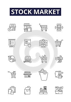 Stock market line vector icons and signs. investment, graph, finance, chart, business, stock, exchange,data outline