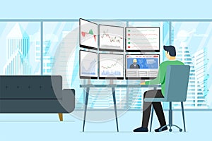 Stock market male trader in office looking at multiple computer screens with financial charts, diagrams and graphs