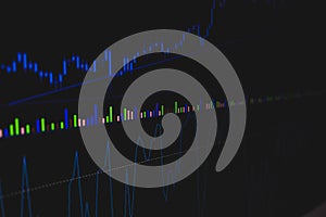 Stock market, oil price rise chart on screen. Technical analysis financial concept. Blue candle stick on a black background