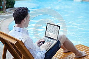 Stock market online, business man working on laptop in hotel