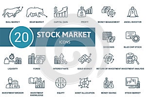 Stock market outline icons set. Creative icons: bull market, bear market, capital gain, profit, money management, angel
