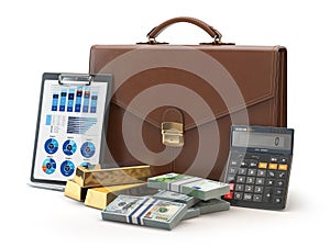 Stock market portfolio concept. Briefcase with calculator, gold