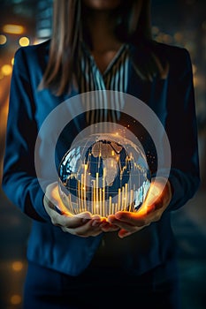 Stock market prediction, financial forecasting. Woman holding crystal globe with candlestick chart showing in it