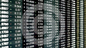 Stock market or stock exchange information with data of price, change, and volume. Animation. Financial indexes of stock