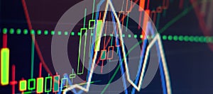 Stock market trade indicator financial for investment strategy. Financial trading graphs on monitor. Background with currency bars