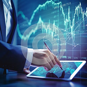 Stock market trading concept with businessman touching digital screen with glowimg financial graphs and diagram