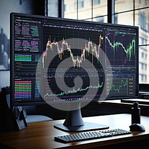 Stock market trading graph and candlestick chart on screen monitor background. Financial investment and economic concept