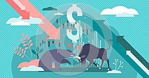 Stock market vector illustration. Financial fight in tiny persons concept.