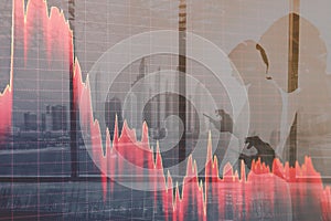 Stock markets crash, stock down. Graphs against a city people abstract background photo