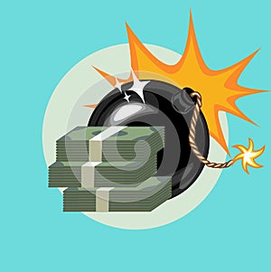 Stock of money and exploding bomb flat design